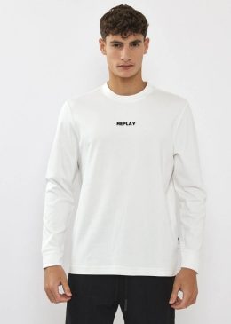 טי שרט מבד אמוניה בצבע לבן עם לוגו שחור באמצע