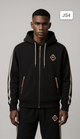 חליפה שחורה בשילוב פסים לבנים עם רוכסן עור בצבע חום בייסול